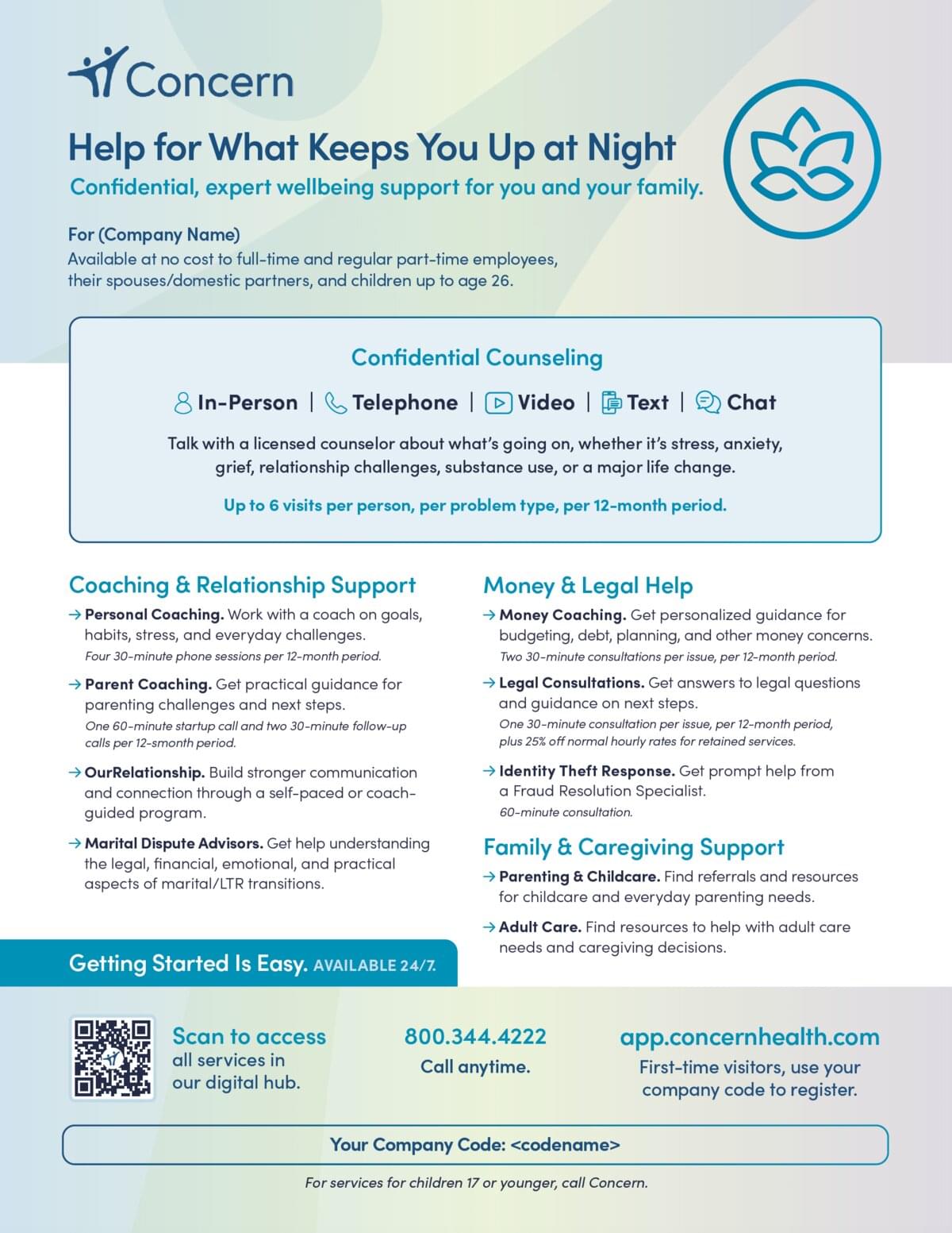 Concern benefits overview one-sheet showing counseling, coaching, money and legal, and family support services